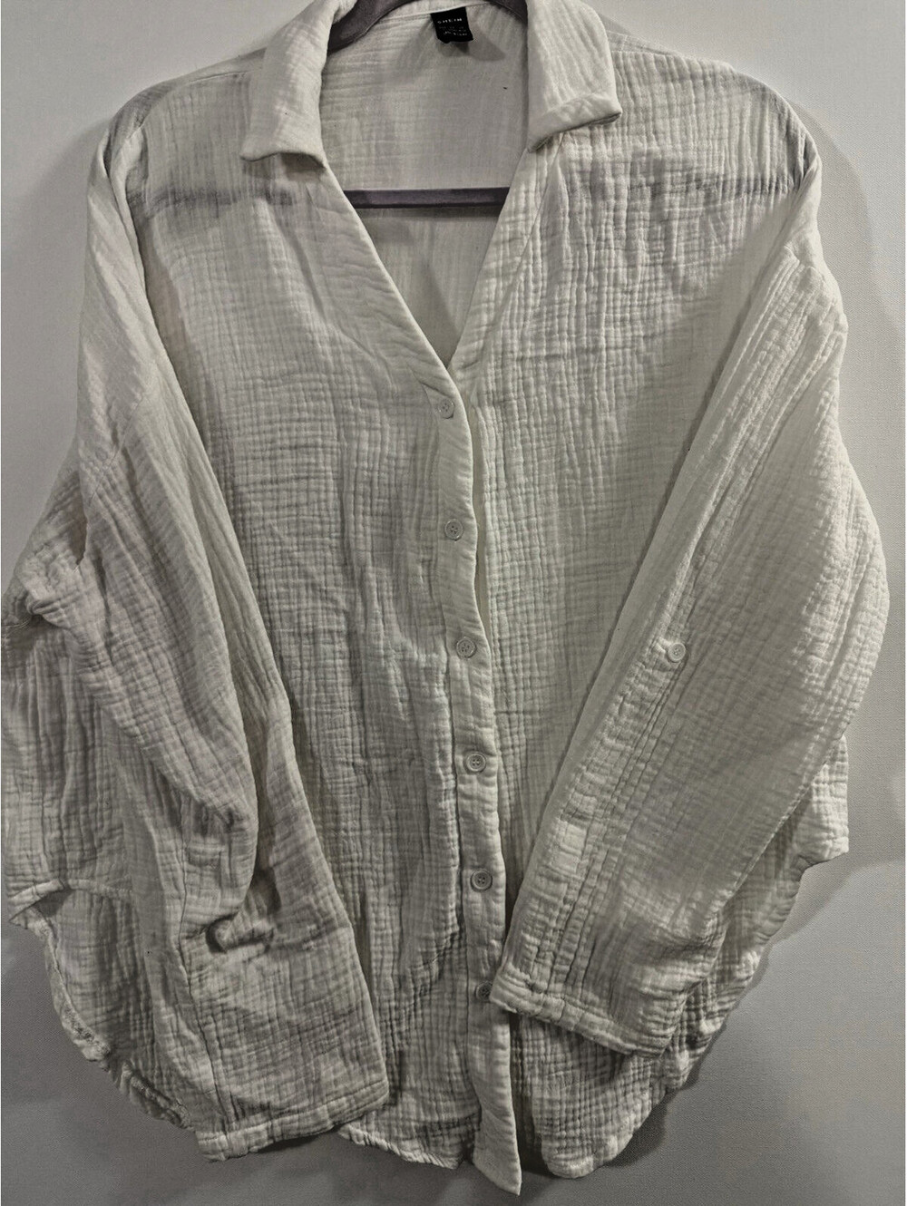 SHEIN Womens L White Crinkle Gauze Long Sleeve Button Down Shirt Top